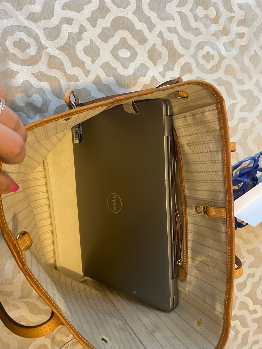 AUTH Louis Vuitton Damier Azur Canvas Neverfull MM Tote - White & Tan & gray - Picture 14 of 16